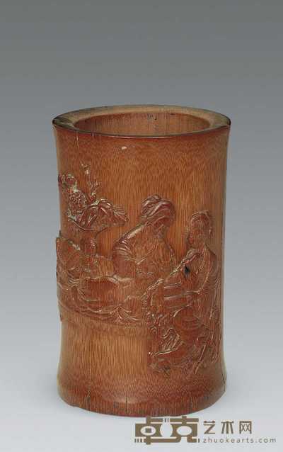 民国 竹雕仕女笔筒 15×9.5cm